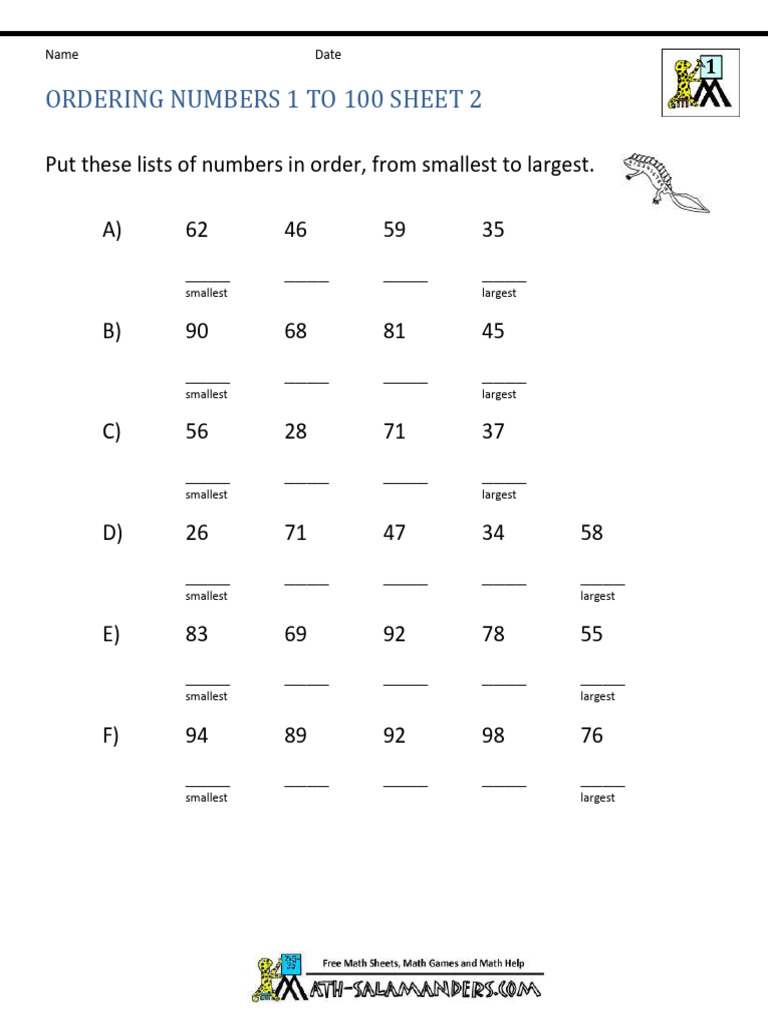 Ordering Numbers 1 to 100 Worksheet | PDF