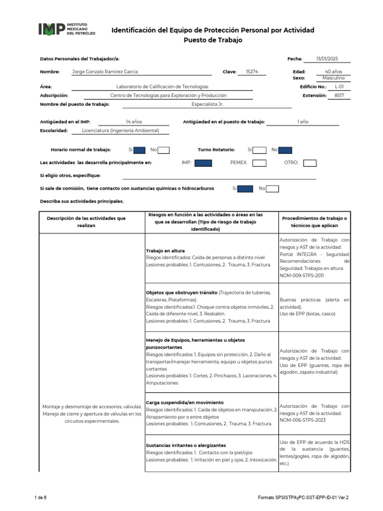 Formato Identificación EPP Por Actividad Puesto de Trabajo - JGRG - V2 ...
