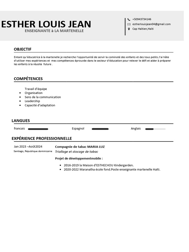 CV d'Esther Louis Jean - Enseignante | PDF | Haïti