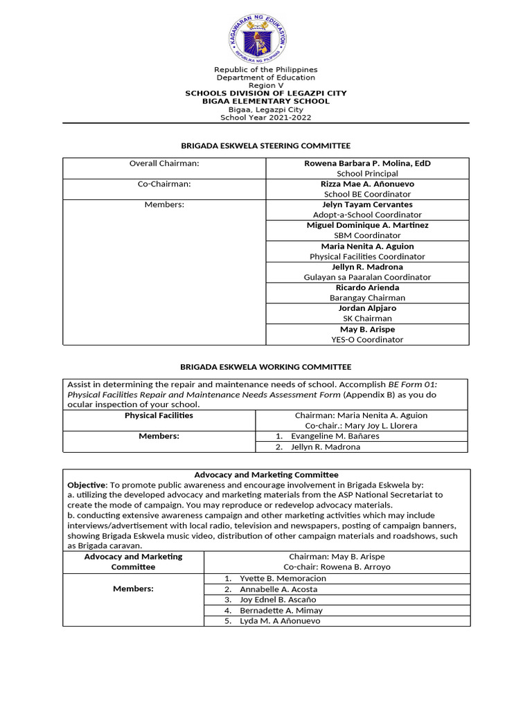 Brigada Eskwela Steering and Working Committee | PDF