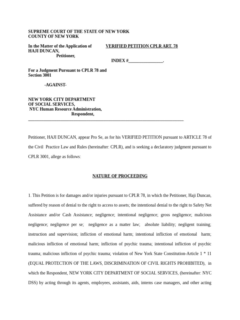 Article 78 Petition Against NYC DSS | PDF | Damages | Negligence