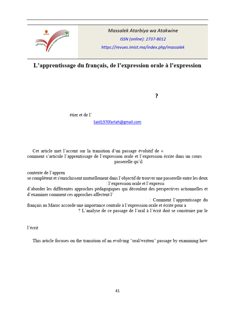 Apprentissage du français : oral et écrit | PDF | Pédagogie | Apprentissage