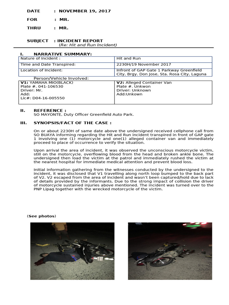 Hit and Run Incident Report - Nov 2017 | PDF