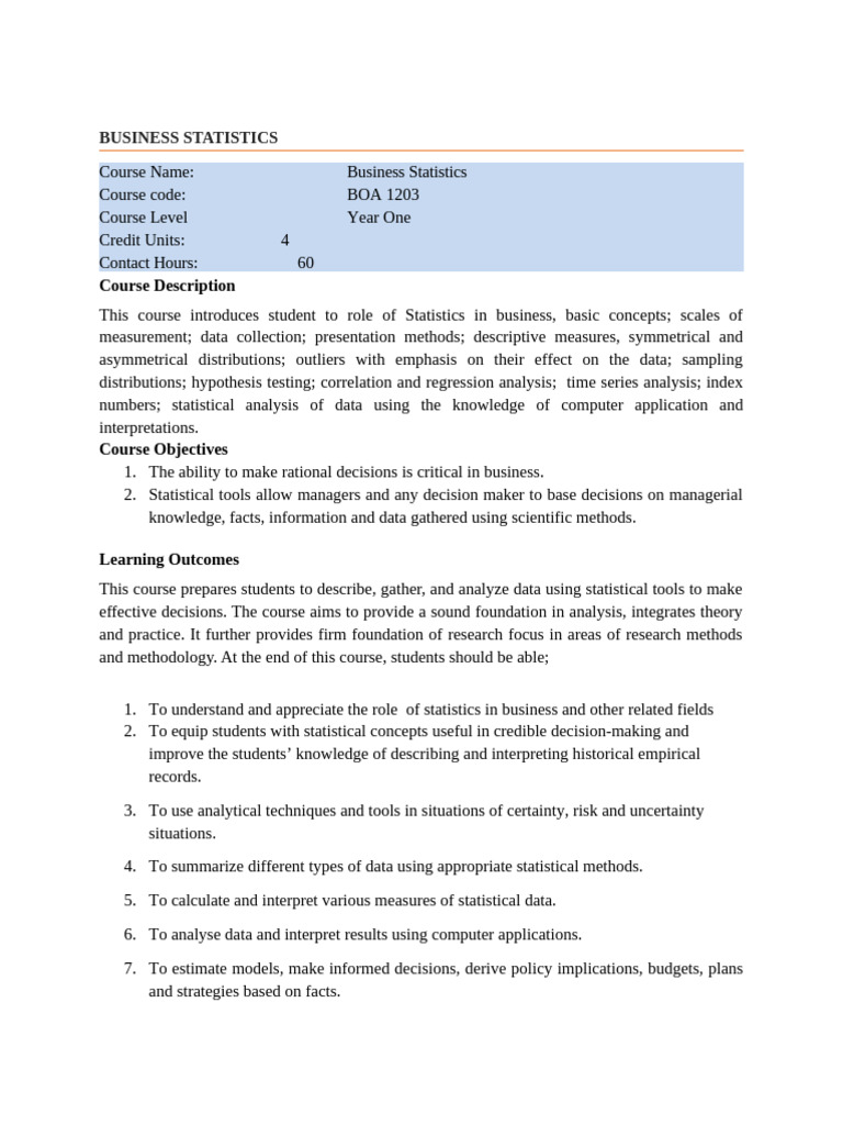 Business Statistics: Course Description | PDF | Statistics | Time Series