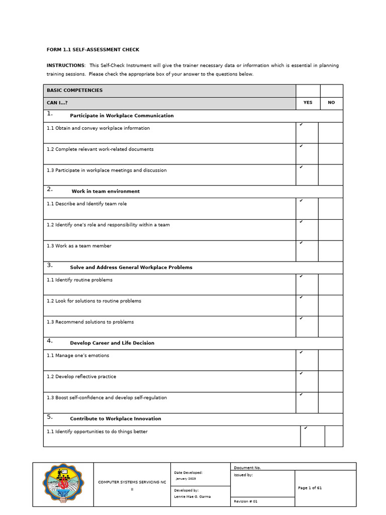 Form 1.1 Self-Assess Check | PDF | Sewing | Information
