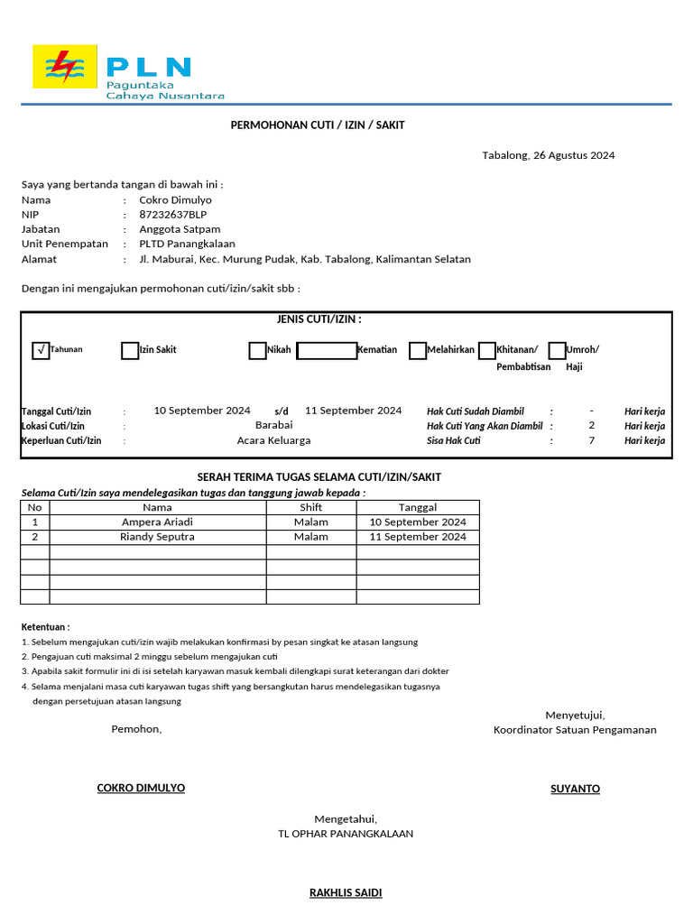 FORM CUTI PCN (1) | PDF