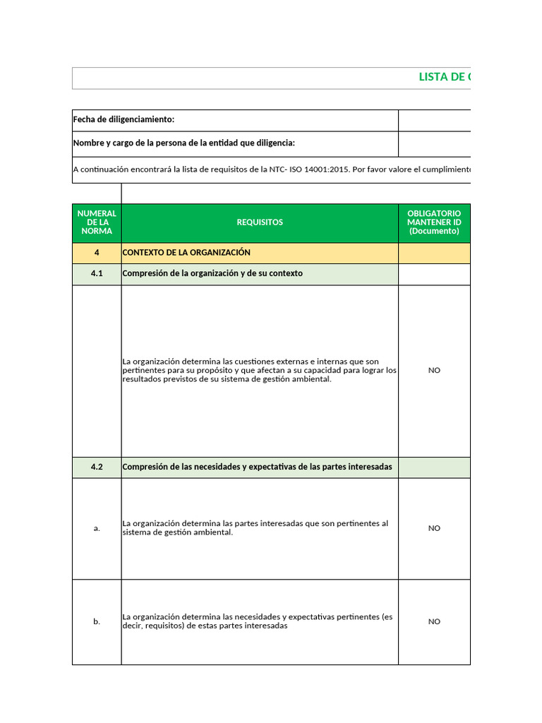 CHECKLIST NORMA ISO 14001 2015 p01 | PDF | Entorno natural | Análisis FODA