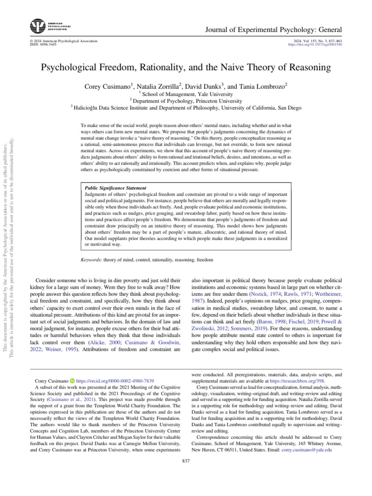 Psychological Freedom, Rationality, and The Naive Theory of Reasoning ...