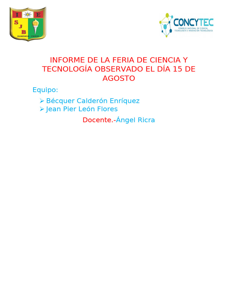 Informe de La Feria de Ciencia y Tecnología Observado El Día 15 de ...