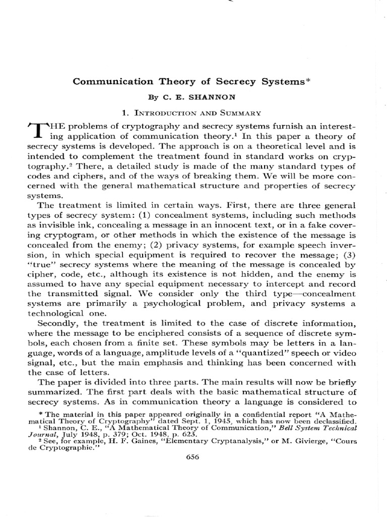 Communication Theory of Secrecy Systems - Sshannon | PDF