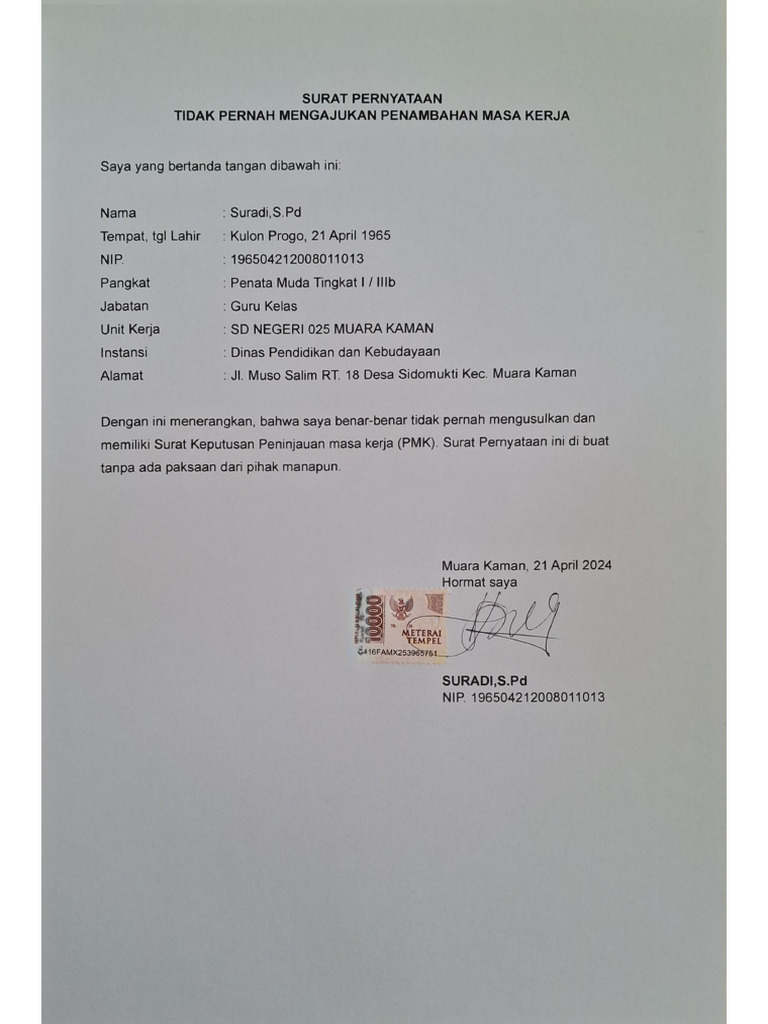 Surat Pernyataan Tidak Pernah Mengajukan Penambahan Masa Kerja | PDF