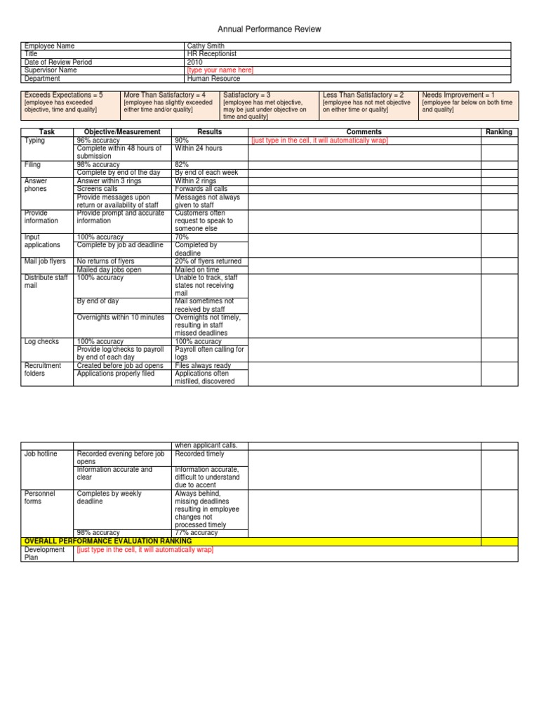 Receptionist Performance Review 2010 | PDF | Career & Growth | Business