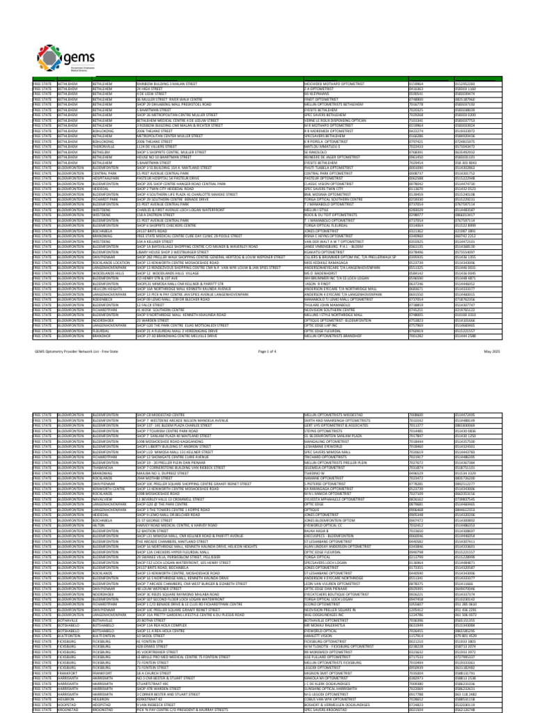 GEMS Optometry Network Providers - Free State | PDF | Optometry ...