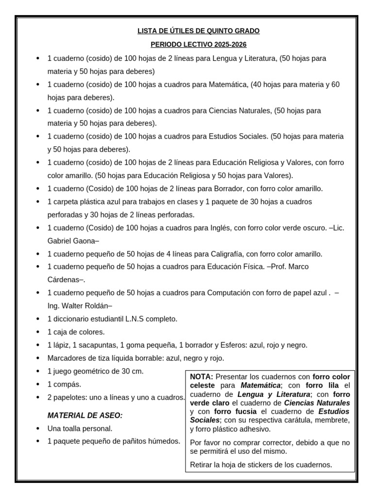 Lista de Útiles de Quinto Grado 2025 | PDF | Cuaderno | Color