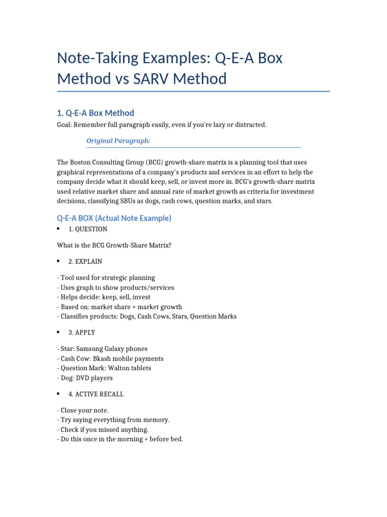 Note Taking Methods QEA SARV | PDF