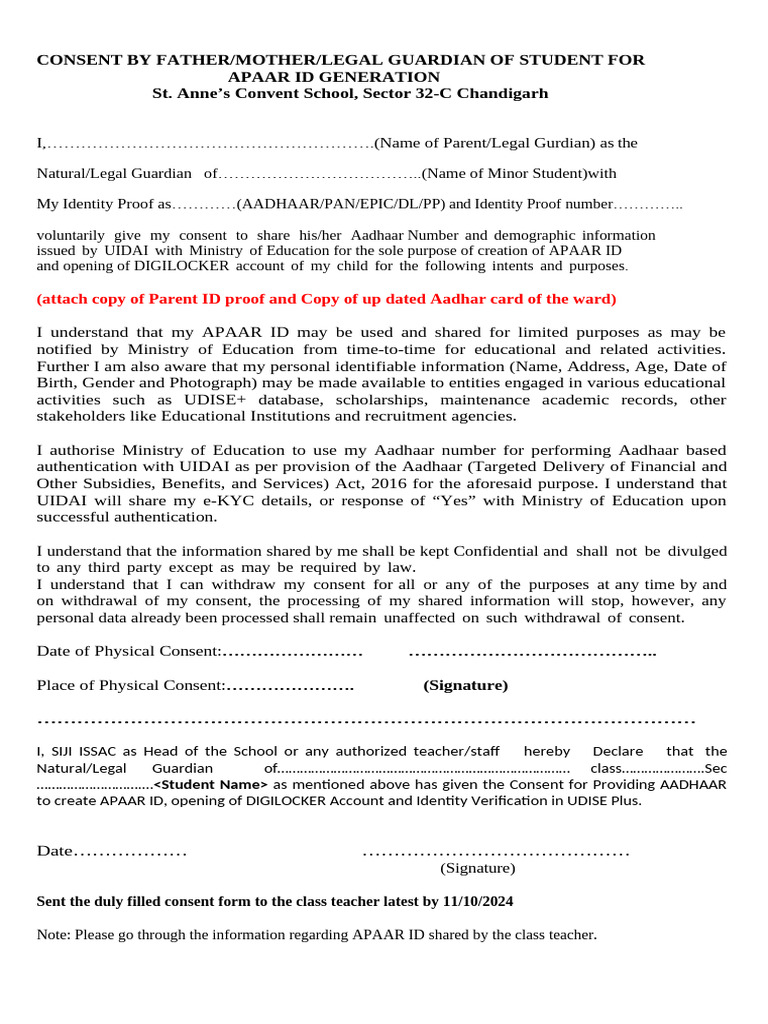 Apaar Concent Form | PDF | Privacy | Access Control