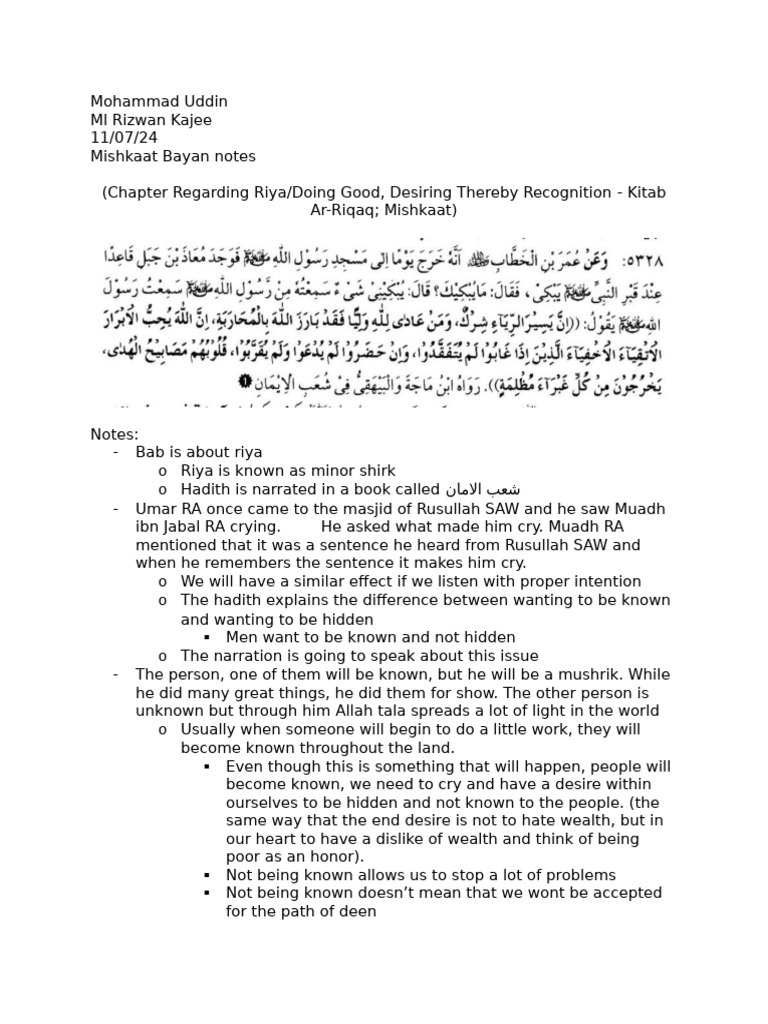 MM Hadith About Riya 5328 | PDF