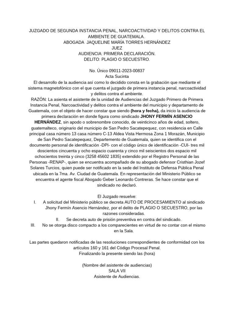 Acta Sucinta de Primera Declaración, Sindicado Dos. | PDF | Guatemala ...