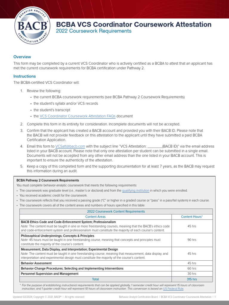 BCBA VCS Coursework Attestation 2022 Coursework Requirements 240209 A | PDF