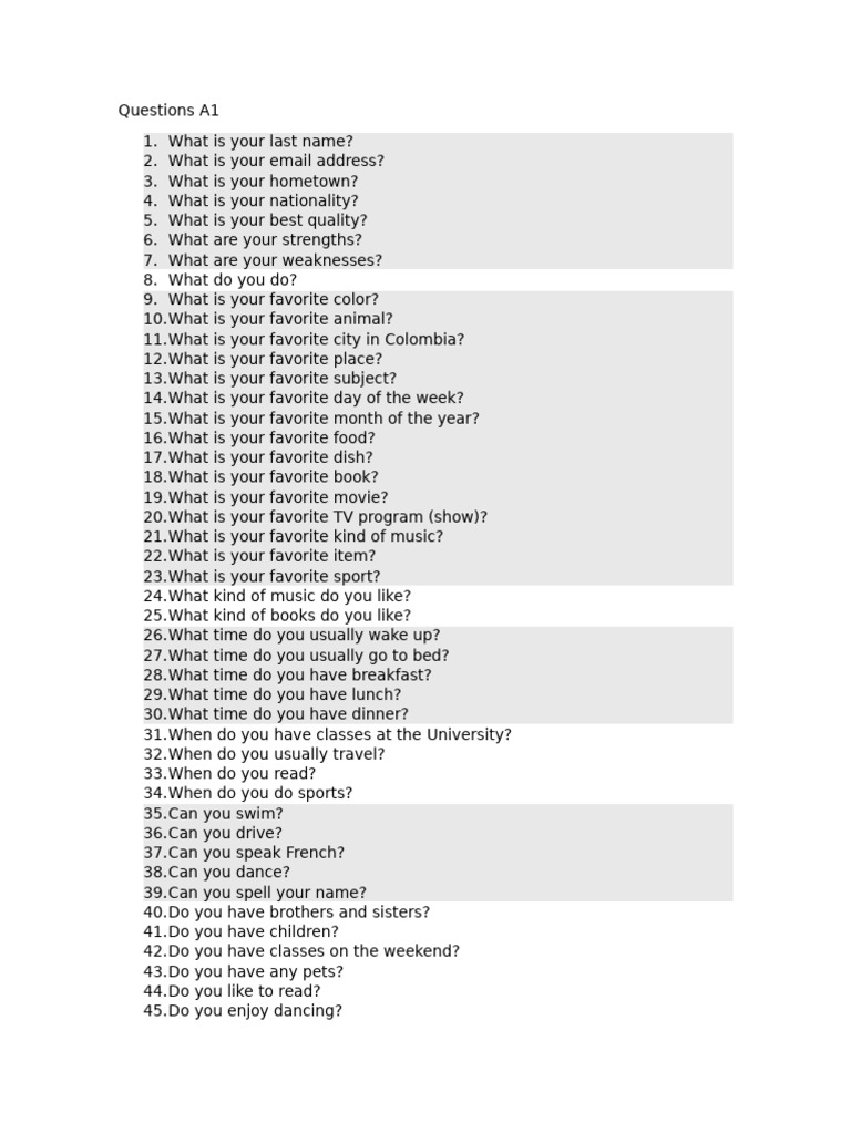 A1 Speaking Questions | PDF