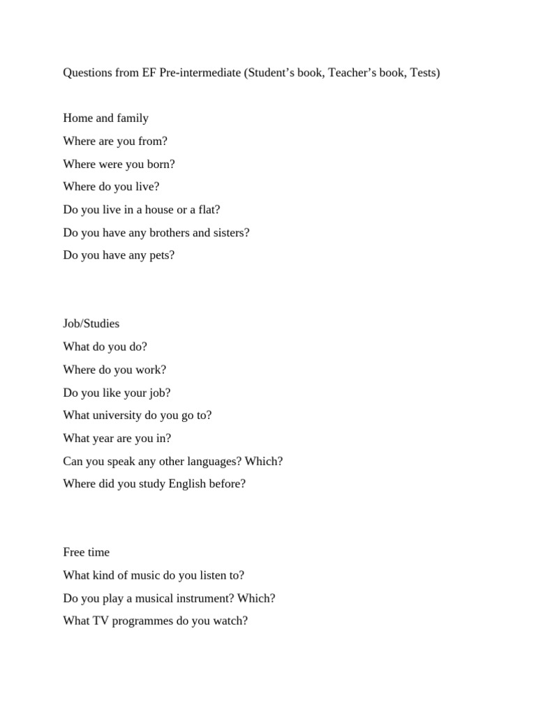 EF Pre-Intermediate Speaking Questions | PDF | Books