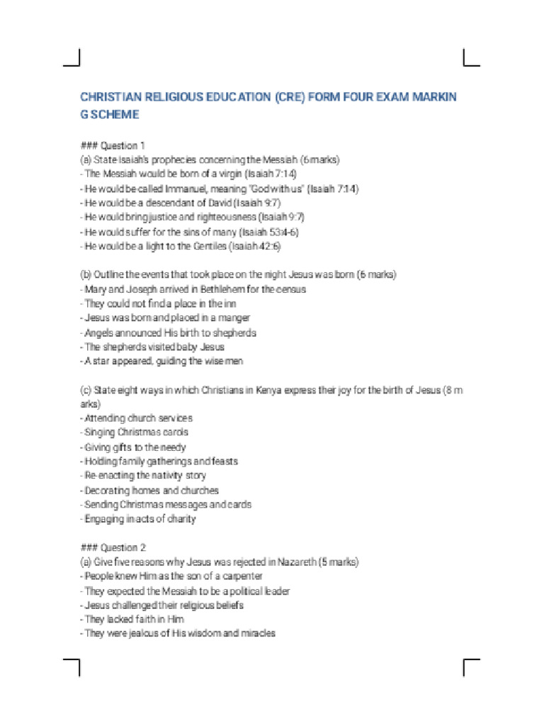 CRE Form Four Marking Scheme Phoenix | PDF