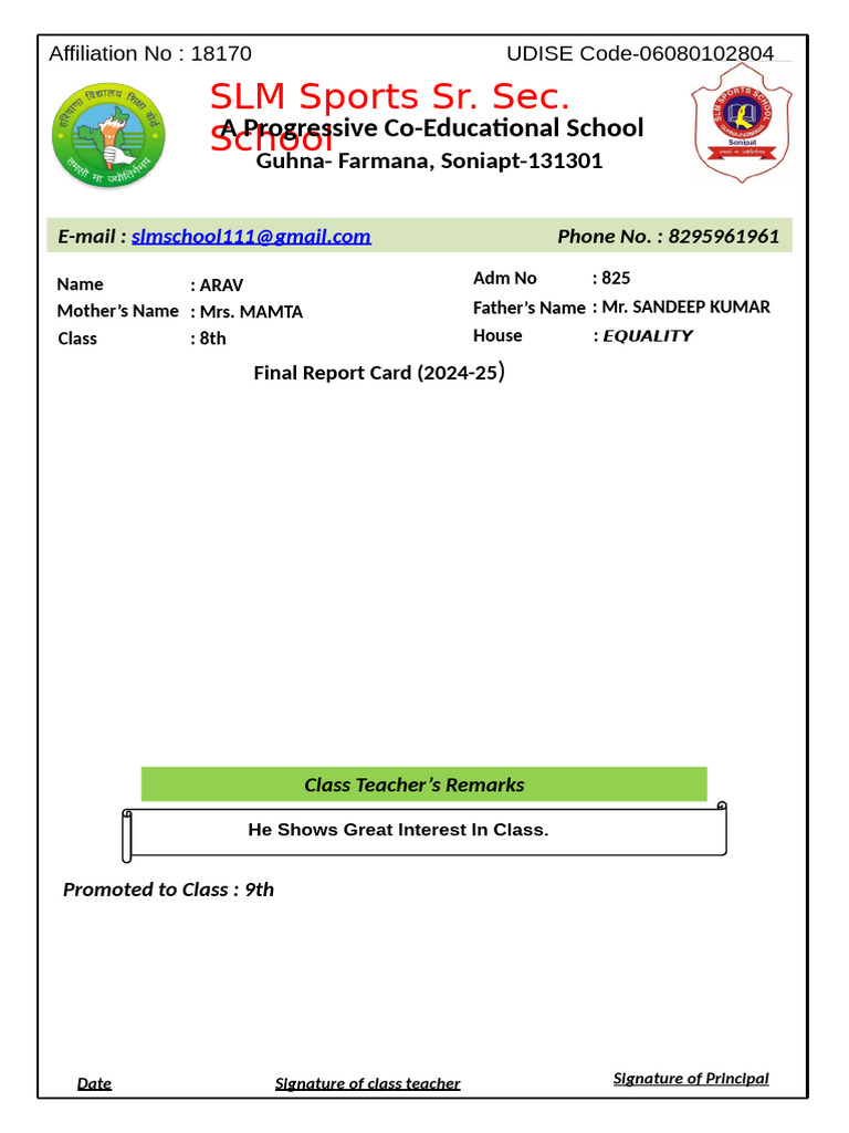 Final Report Card for Arav 2024-25 | PDF