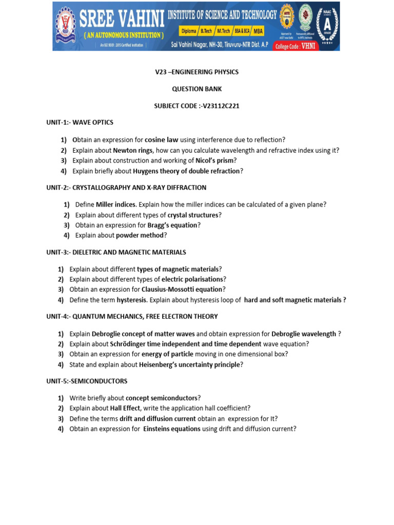 Engineering Physics Question Bank 2025 | PDF