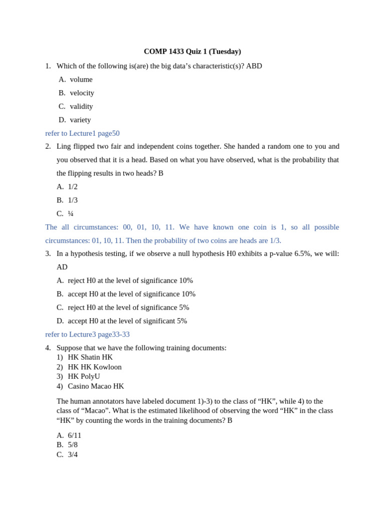 COMP 1433 Quiz 1 Overview | PDF