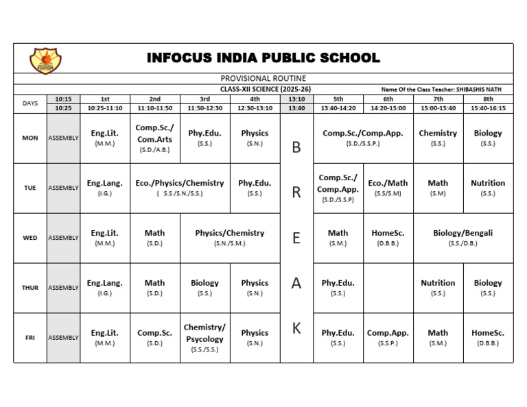 XII SCIENCE 25 - 26 Provisional Routine | PDF