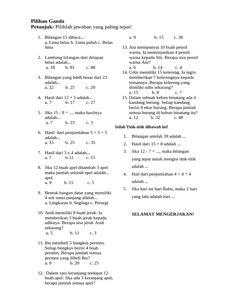 Soal Pilihan Ganda dan Isian Kelas 2 | PDF