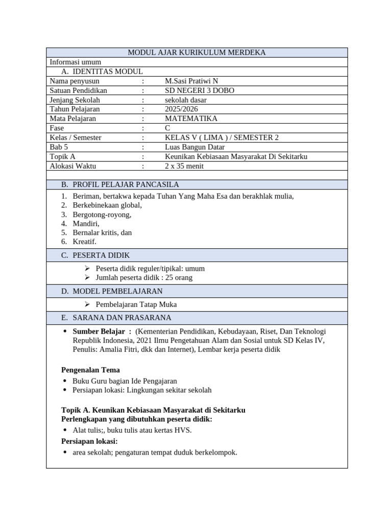 Modul Ajar Matematika Kelas V SD | PDF