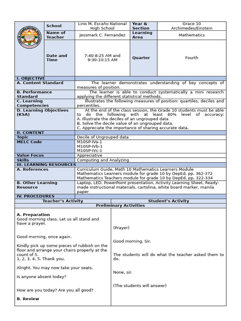 Jessmark's 4th Lesson Plan For 2nd Shift (Decile-Ungrouped) | PDF ...