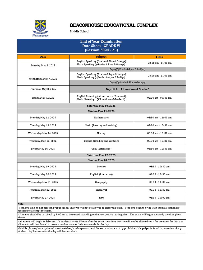 Grade 6 End Year Exam Schedule 2025 | PDF