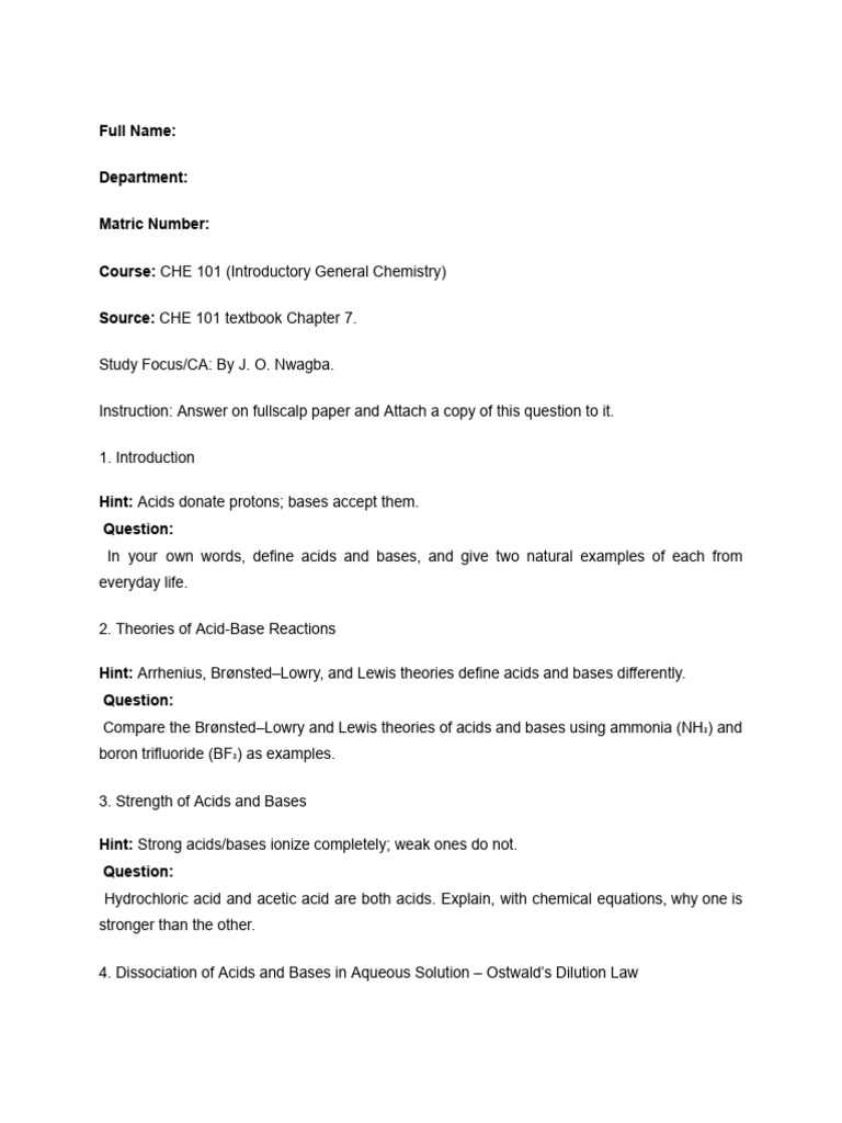 CHE 101 Acid Base Chemistry Study Fucus and CA | PDF | Acid | Ph
