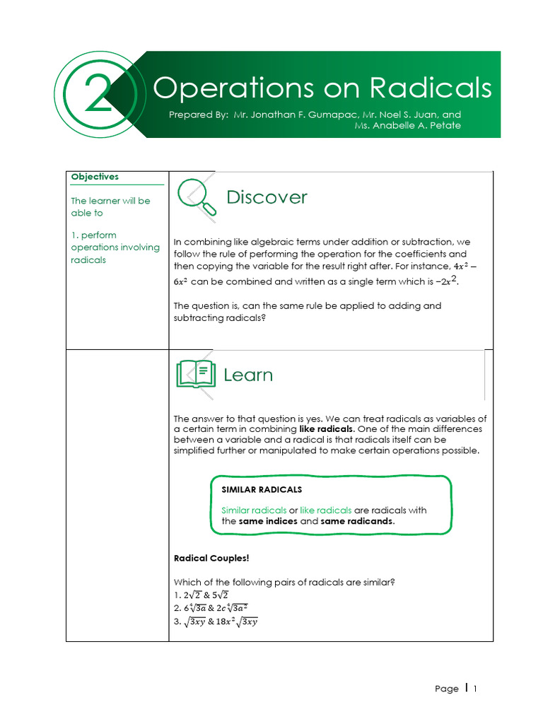 MATH9 - M1H02.1 - Operations On Radicals | PDF | Mathematics | Algebra