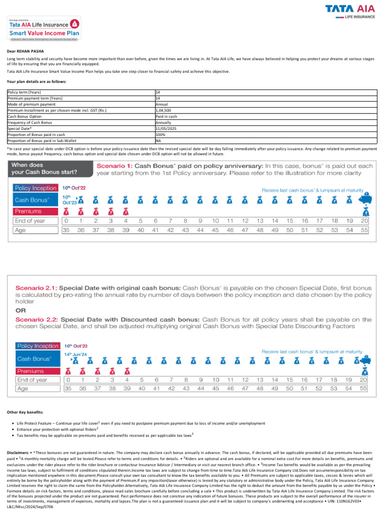 Tata AIA Smart Value Income Plan Details | PDF | Insurance | Life Insurance