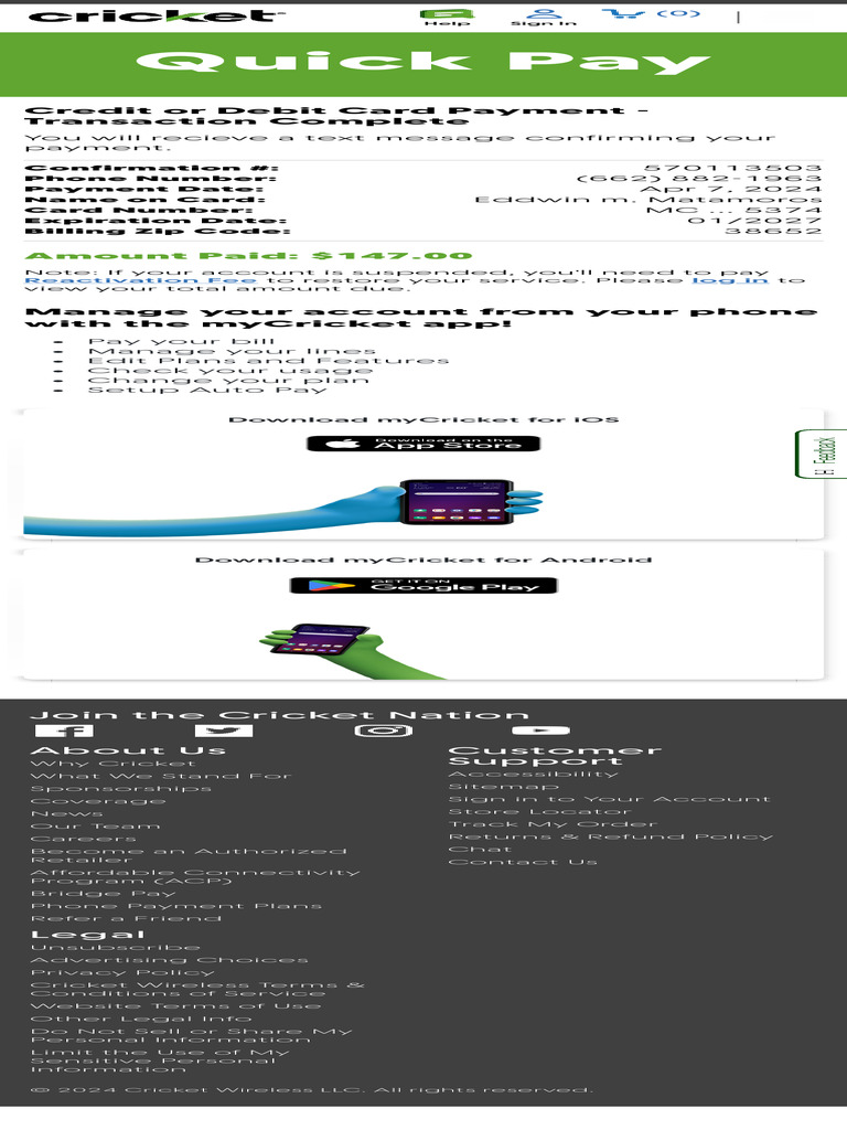Cricket Wireless Quick Pay Confirmation | PDF