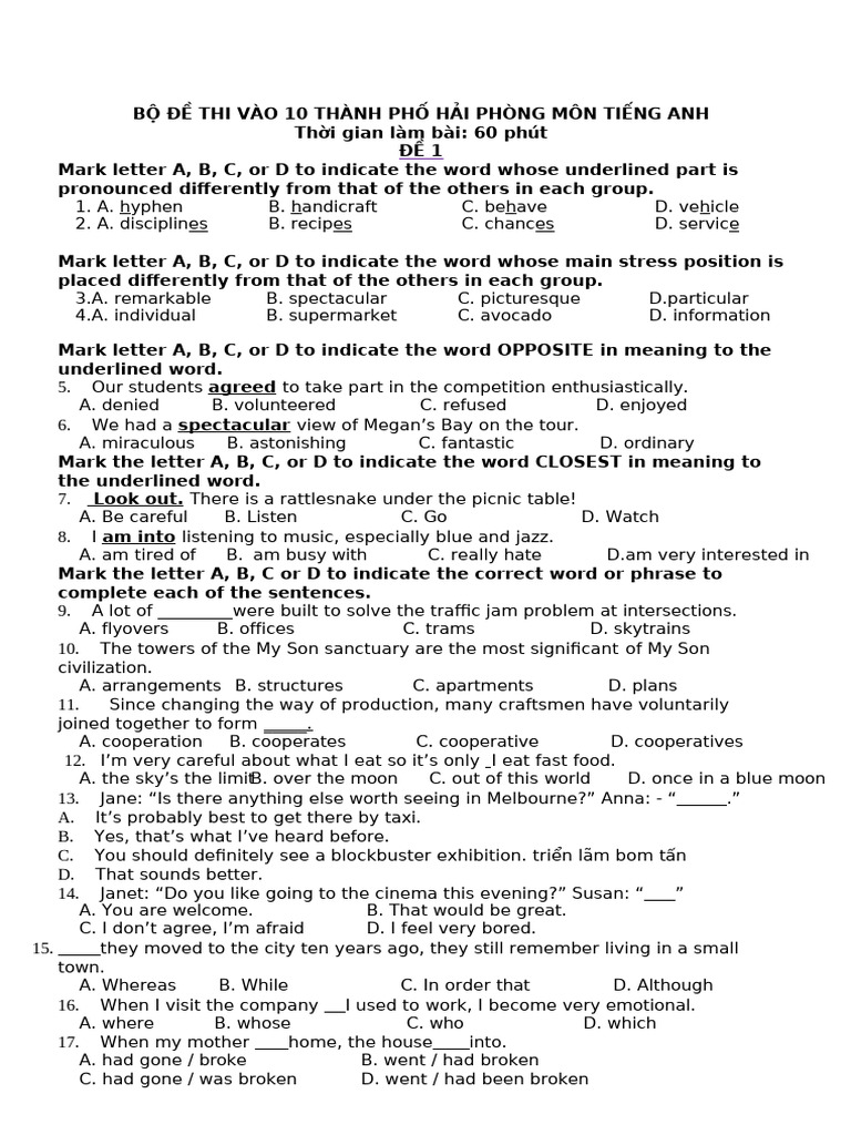 BỘ ĐỀ THI VÀO 10 THÀNH PHỐ HẢI PHÒNG MÔN TIẾNG ANH - Đề 1 | PDF ...