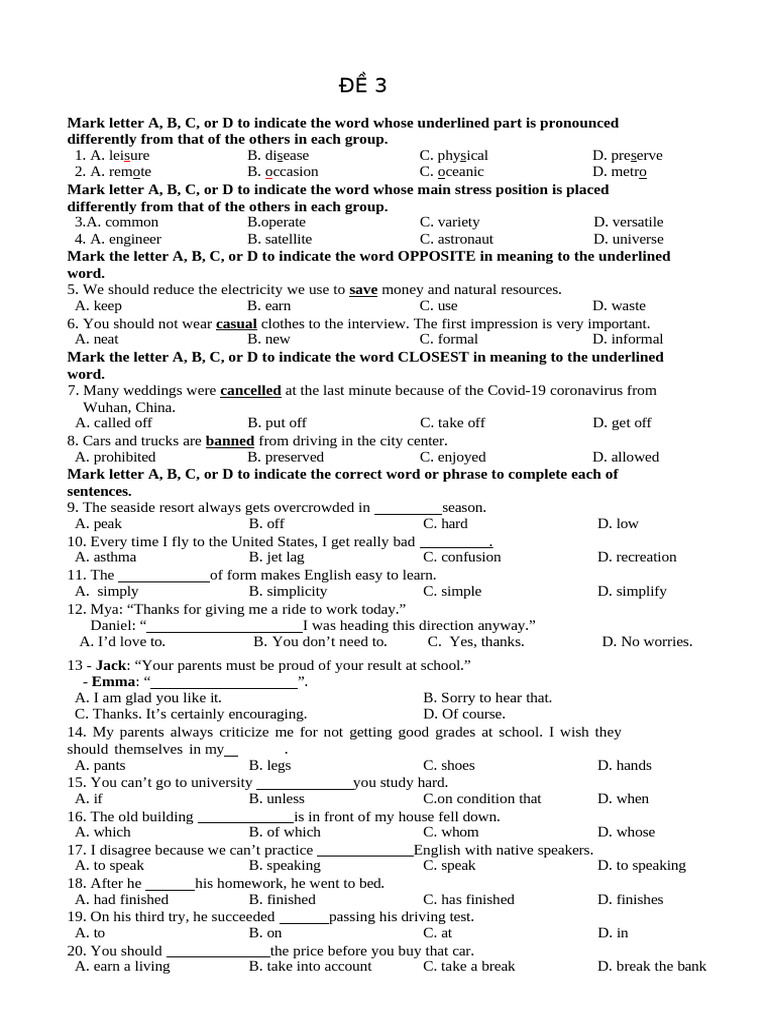 BỘ ĐỀ THI VÀO 10 THÀNH PHỐ HẢI PHÒNG MÔN TIẾNG ANH - Đề 3 | PDF ...