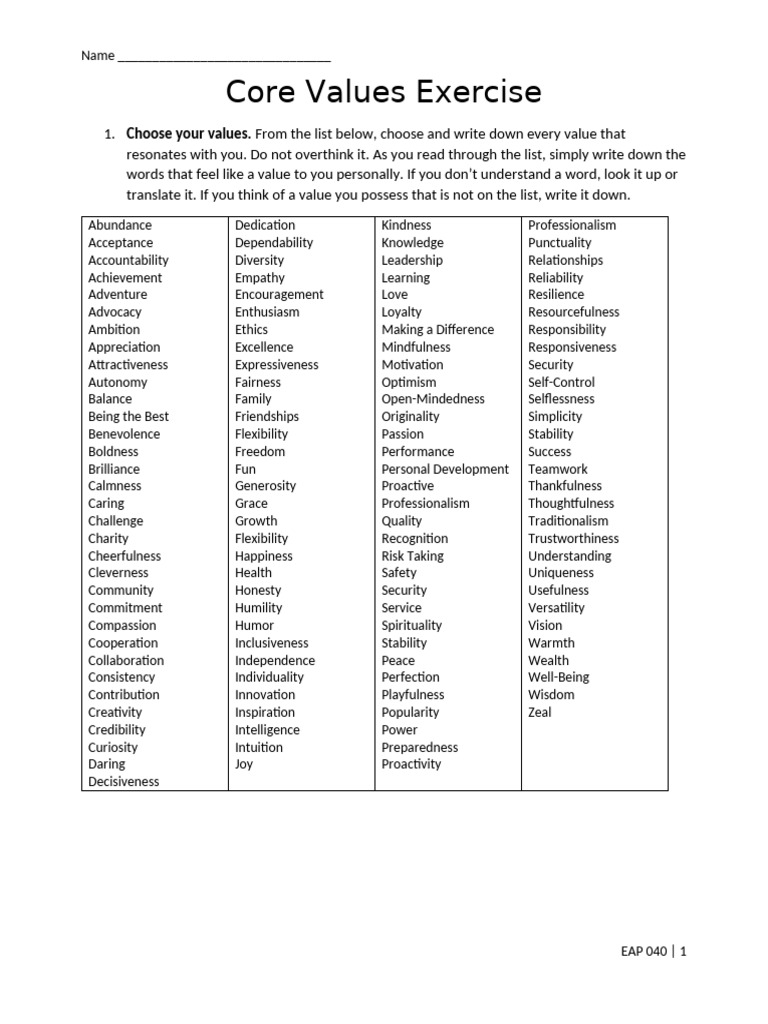 Core Values Identification Worksheet | PDF | Happiness | Love