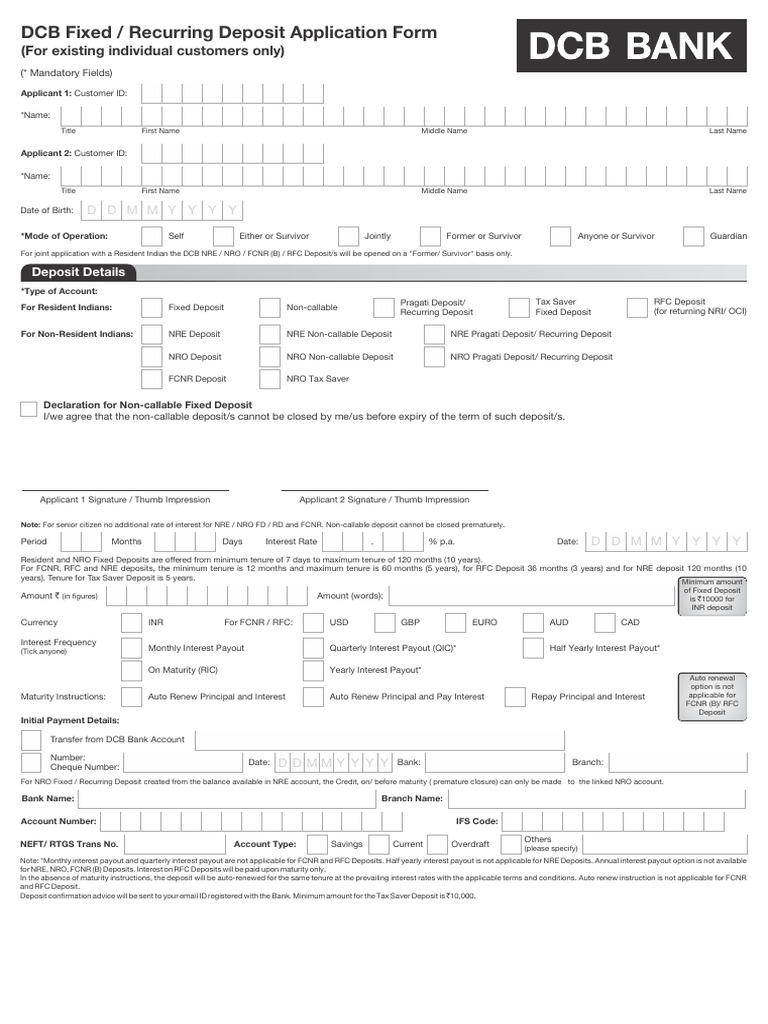 DCB FD RD Application Form Apr 25 | PDF | Banks | Reserve Bank Of India