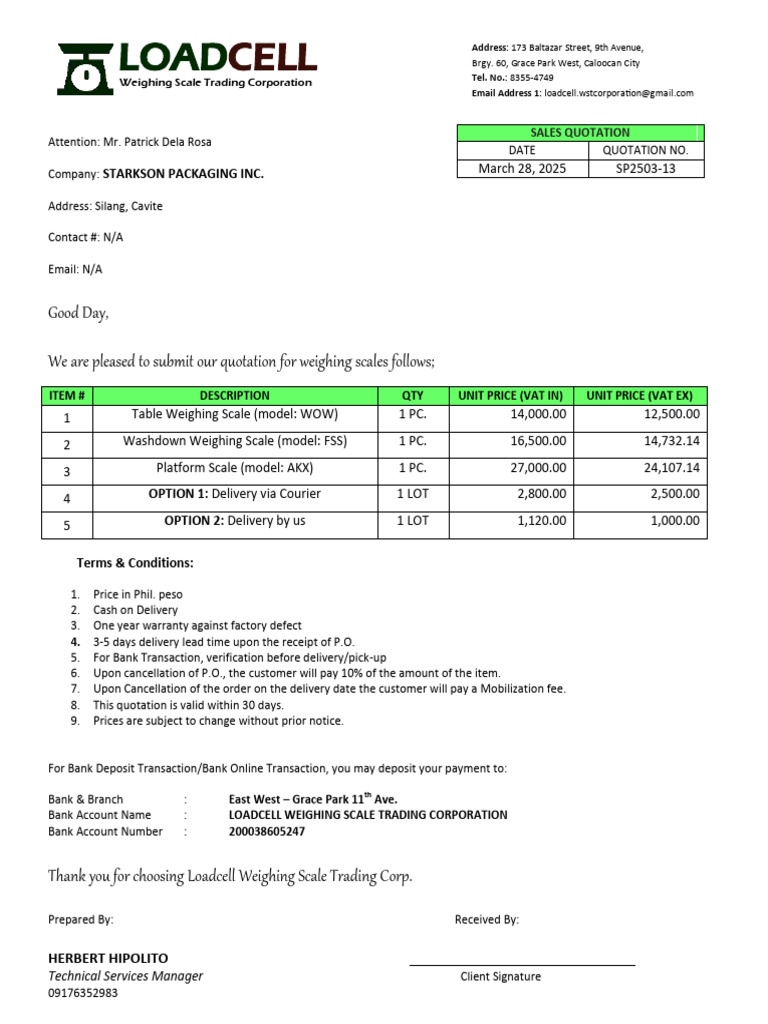 Starkson Packaging Inc. Quotation Details | PDF | Money | Business