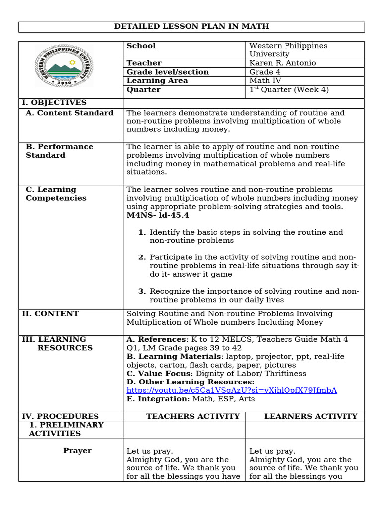 Grade 4 Math Lesson Plan: Multiplication | PDF | Learning | Teachers