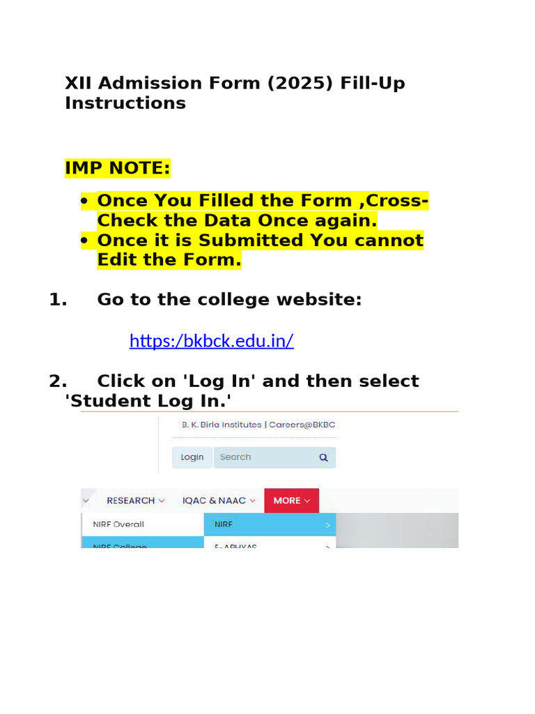 Xii Admission Form Fill-up Instructions 2025 | PDF