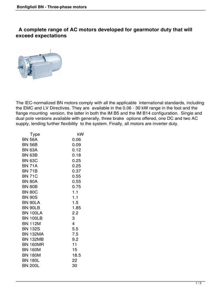 Bonfiglioli BN Three Phase Motors | PDF