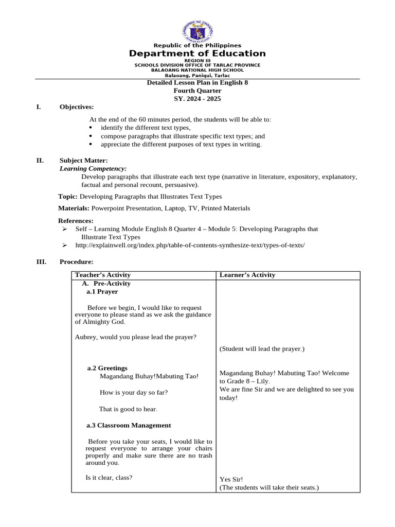 Lesson Plan: Text Types in English 8 | PDF | Narrative