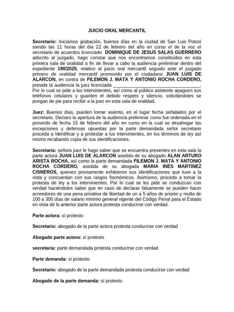 Audiencia Preliminar Juicio Oral Mercantil | PDF | Justicia | Crimen y ...