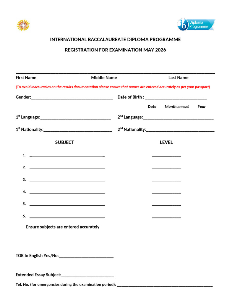 IB Diploma Exam Registration May 2026 | PDF