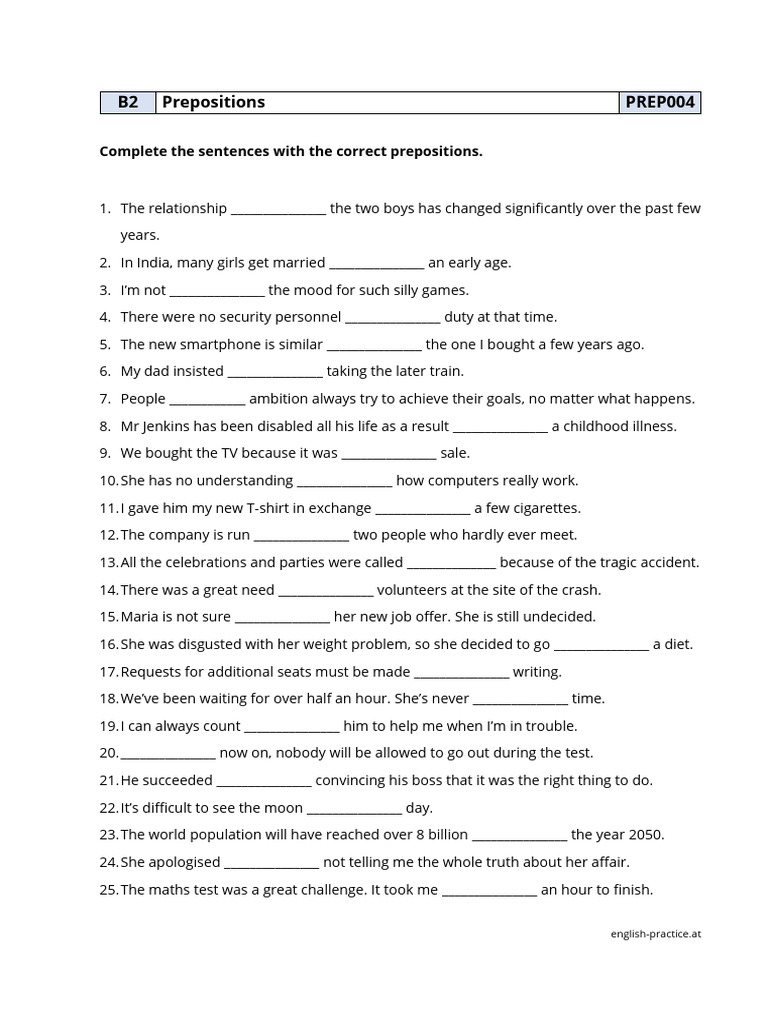 B2 Prepositions Practice Exercises | PDF